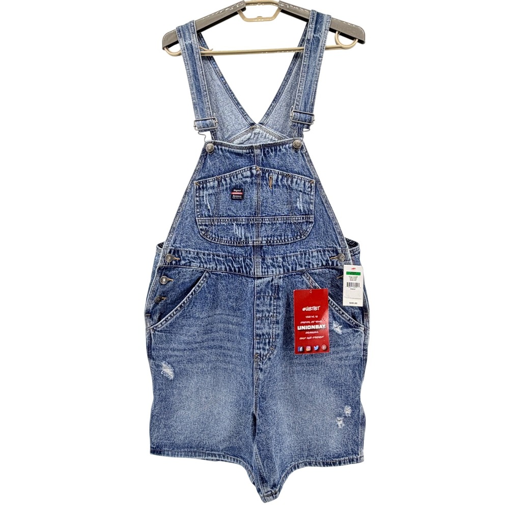 Unionbay Denim Shortalls Women Large Blue NEW Distressed Retro Utility J1L9150 - Picture 2 of 16